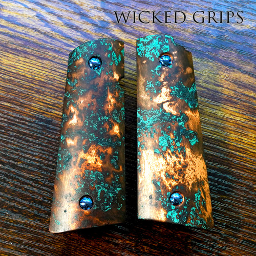 1911 Handgun Grip Solid Copper Shipwreck Patina - Shown with Full Metal Style Screws