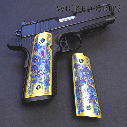 1911 PISTOL GRIPS TITANIUM HYBRID ONE OF A KIND 1 OF 1 GOLD WITH COLOR CASE INNER