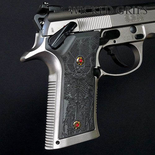 BERETTA 92X PERFORMANCE BLACK ALUMINUM ENGRAVED GUN GRIPS PAX PER MORTEM