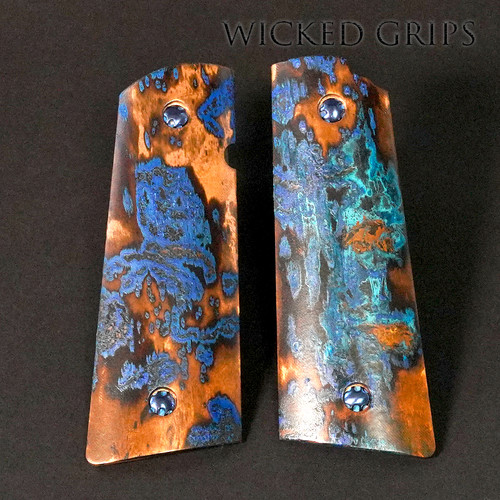 Shop our Premium copper gun grips - 1911 PISTOL GRIPS SOLID COPPER SHIPWRECK PATINA 137 - Precision machined copper 1911 pistol grips - Shipwreck patina finish - Free shipping available