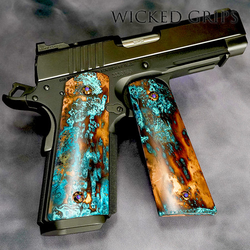 Shop our Premium copper gun grips - 1911 PISTOL GRIPS SOLID COPPER SHIPWRECK PATINA 145 - Precision machined copper 1911 pistol grips - Shipwreck patina finish - Free shipping available