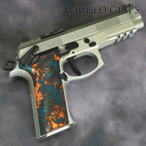 Custom Beretta pistol grips - COPPER BERETTA 92XI GRIPS SHIPWRECK PATINA FINISH 23 - Made in the USA - Custom Beretta parts and grips - Free shipping
