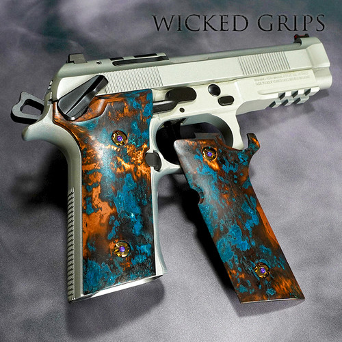 Custom Beretta pistol grips - COPPER BERETTA 92XI GRIPS SHIPWRECK PATINA FINISH 24 - Made in the USA - Custom Beretta parts and grips - Free shipping