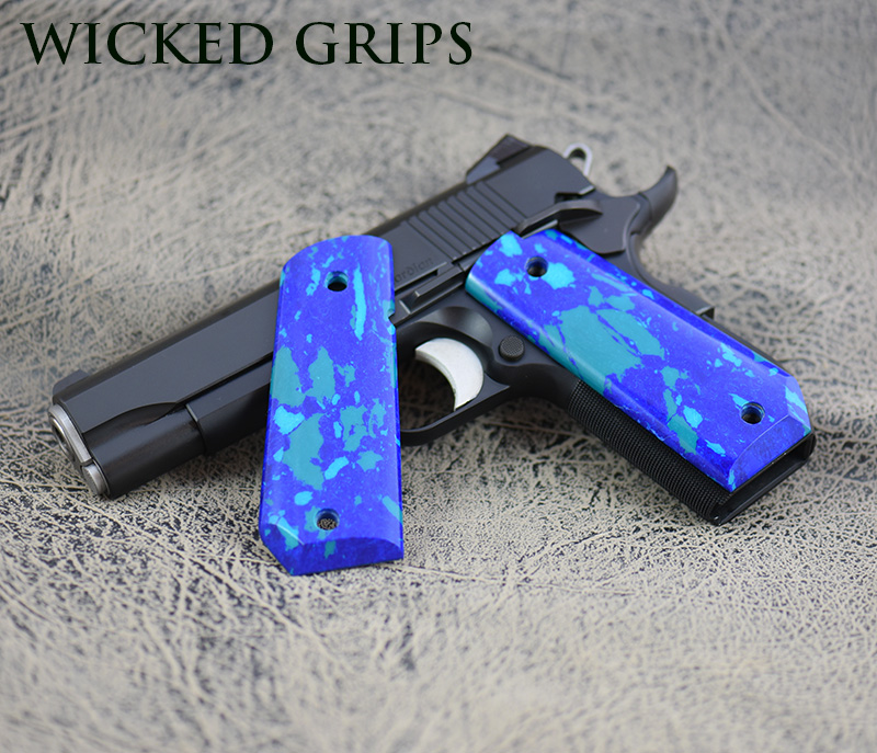 CUSTOM 1911 GRIPS BOBTAIL GEMSTONE CHRYSOCOLLA ONE OFF EXHIBITION SET