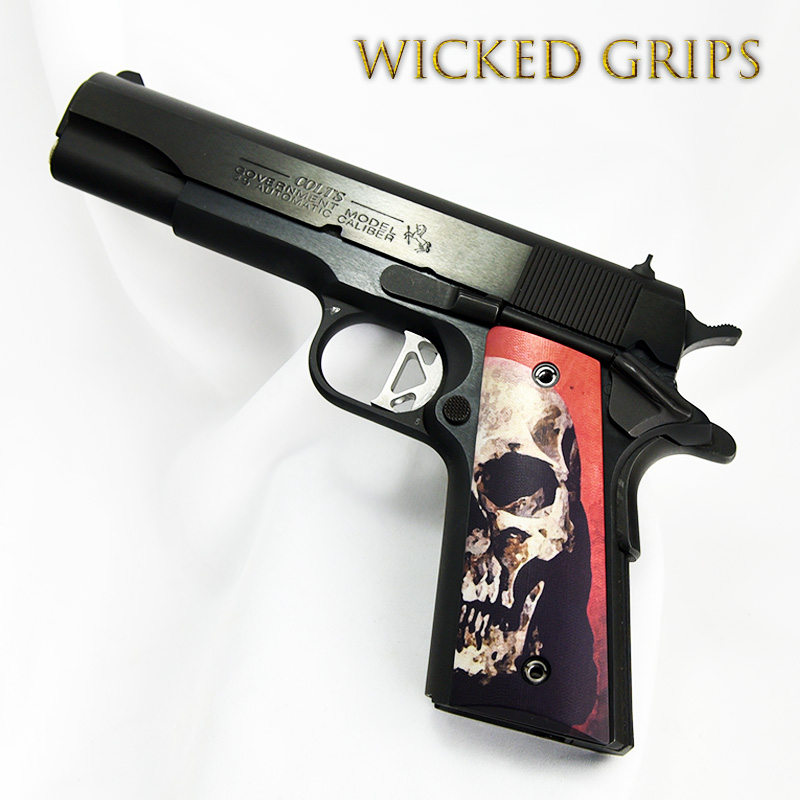 CUSTOM 1911 THIN PISTOL GRIPS RED SKULL v2