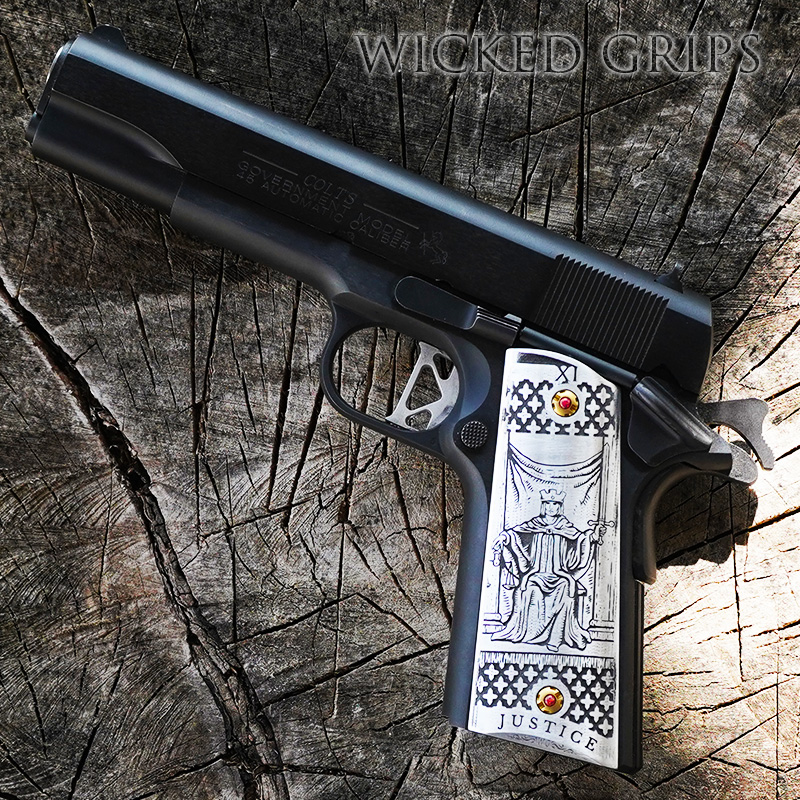 CUSTOM 1911 PISTOL GRIPS DEEP ENGRAVED JUSTICE TAROT