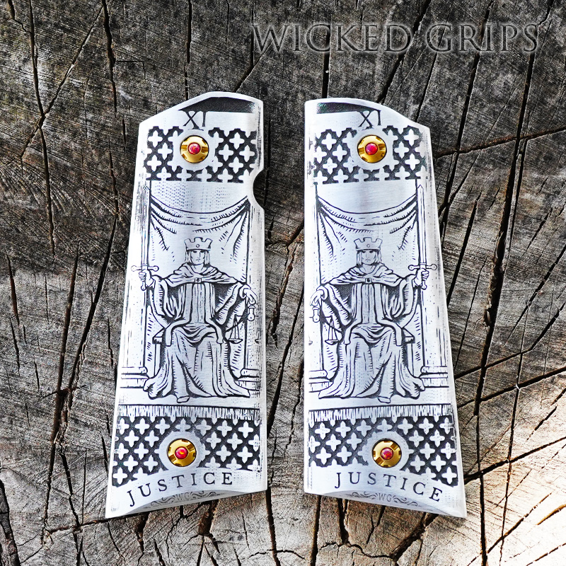 CUSTOM 1911 PISTOL GRIPS DEEP ENGRAVED JUSTICE TAROT