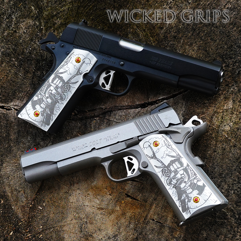 CUSTOM 1911 PISTOL GRIPS ENGRAVED MOON SHADOW SAMURAI