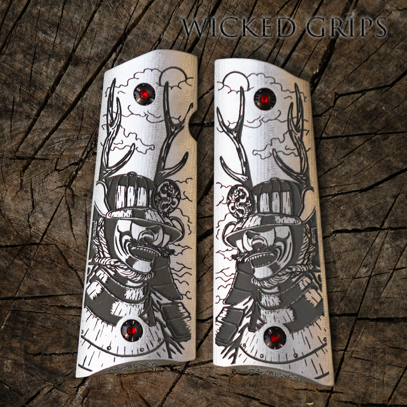 CUSTOM 1911 PISTOL GRIPS DEEP ENGRAVED MOON SHADOW SAMURAI