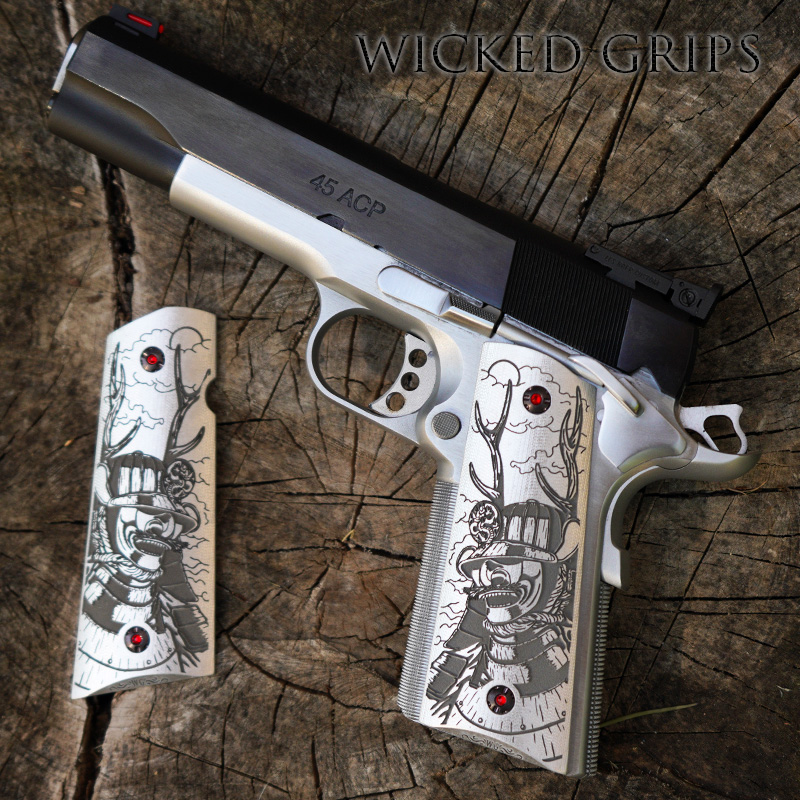 CUSTOM 1911 PISTOL GRIPS DEEP ENGRAVED MOON SHADOW SAMURAI