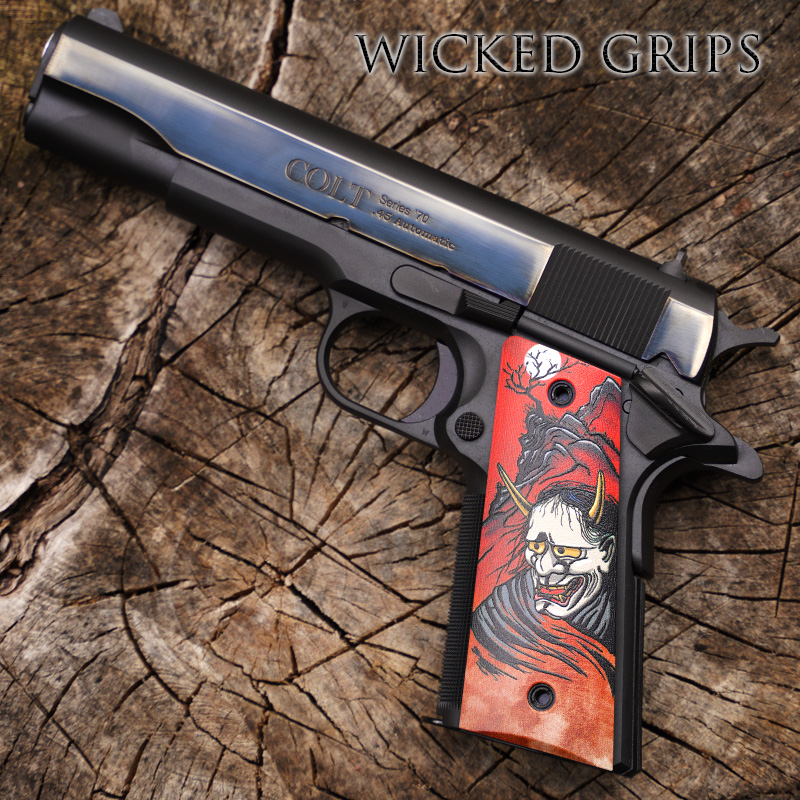 CUSTOM 1911 THIN PISTOL GRIPS RED HANNYA DEMON