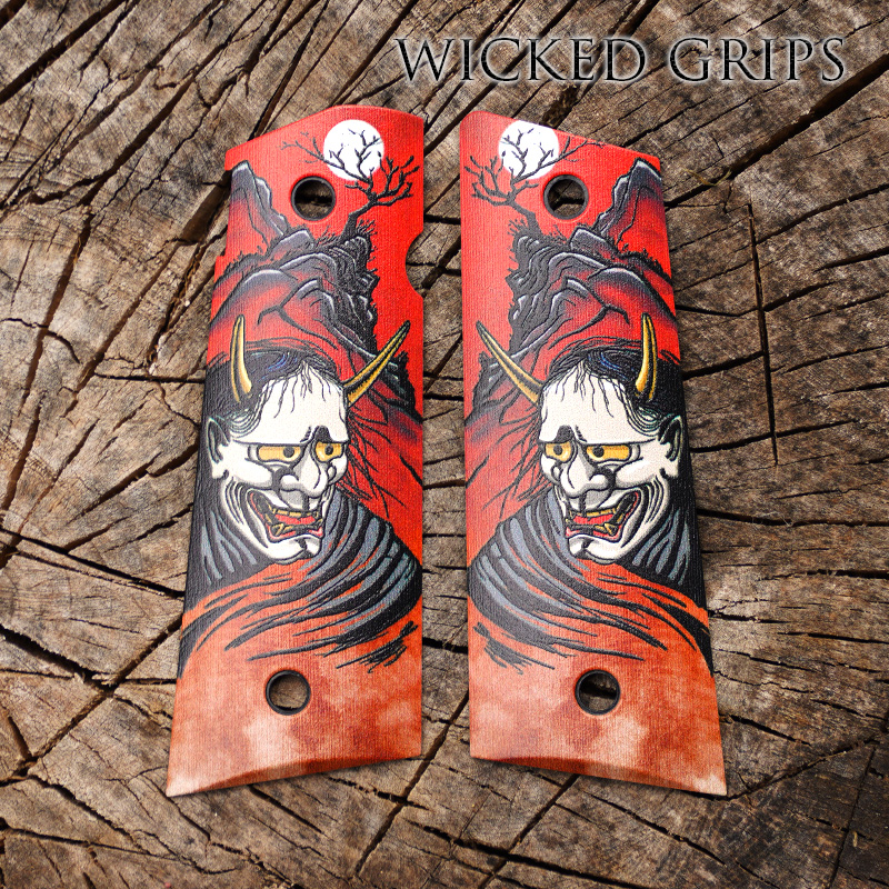 CUSTOM 1911 THIN PISTOL GRIPS RED HANNYA DEMON