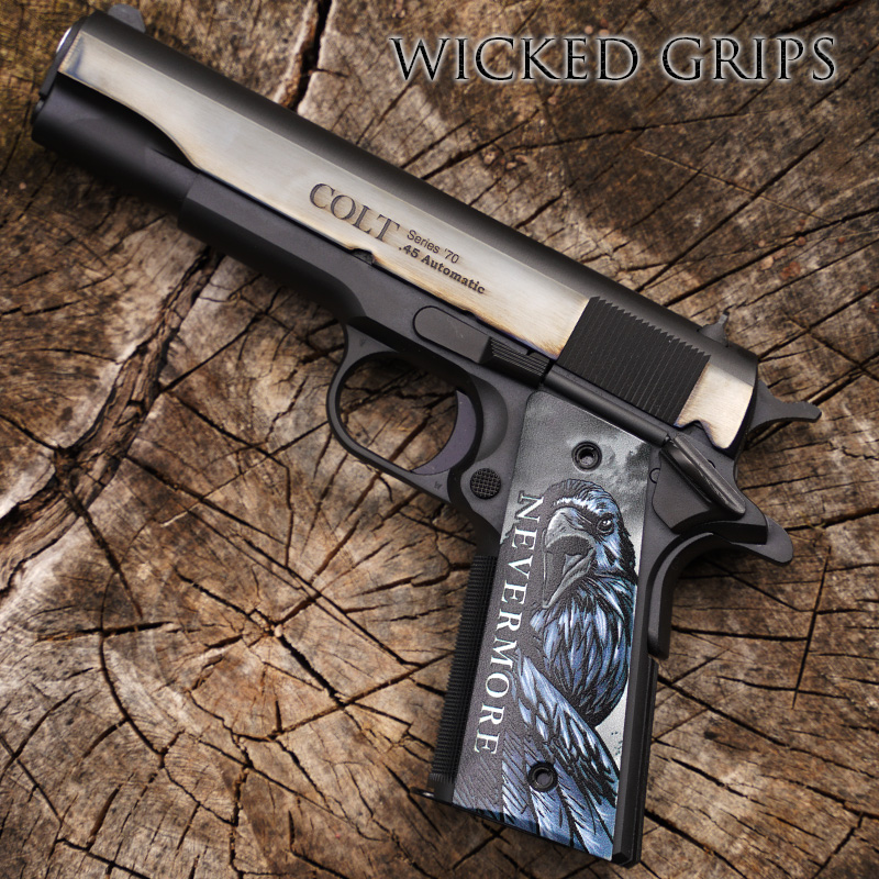 CUSTOM 1911 THIN PISTOL GRIPS NEVERMORE RAVEN