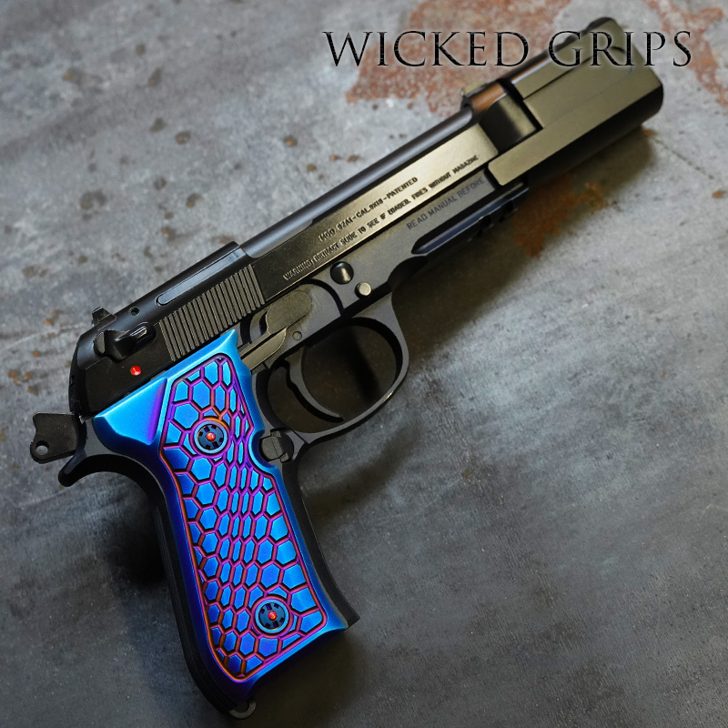 CUSTOM BERETTA 92fs PISTOL GRIPS PVD BLUE HEXWAVE