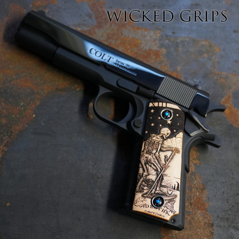 1911 DEER LEATHER CARVED 3D DEATH TAROT GRIPS by RISE