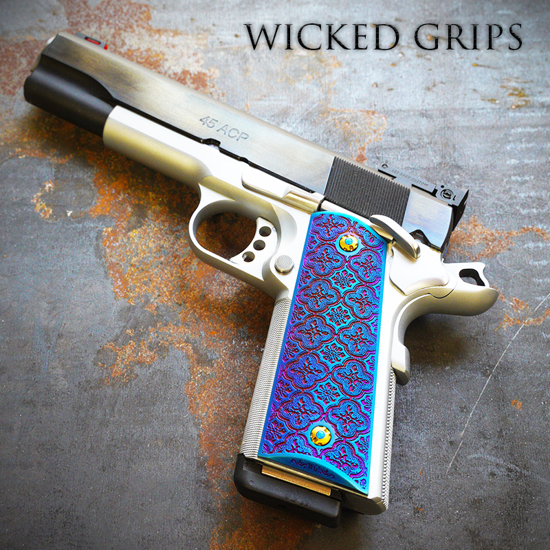 1911 CUSTOM GUN GRIPS BLUE PVD BAROQUE CARRY TEXTURE