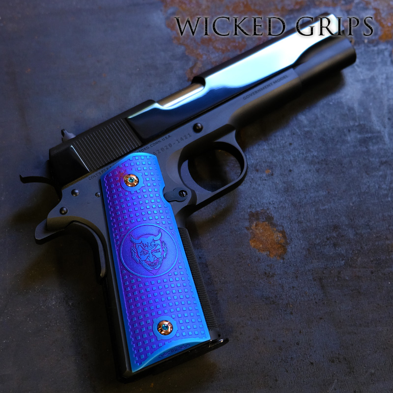 CUSTOM 1911 GRIPS BLUE WG DEVIL LOGO BLOCK TEXTURE