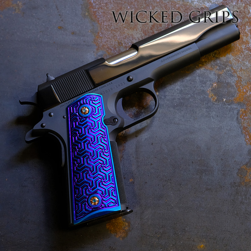 CUSTOM 1911 PISTOL GRIPS BLUE PVD VORTEX WEAVE