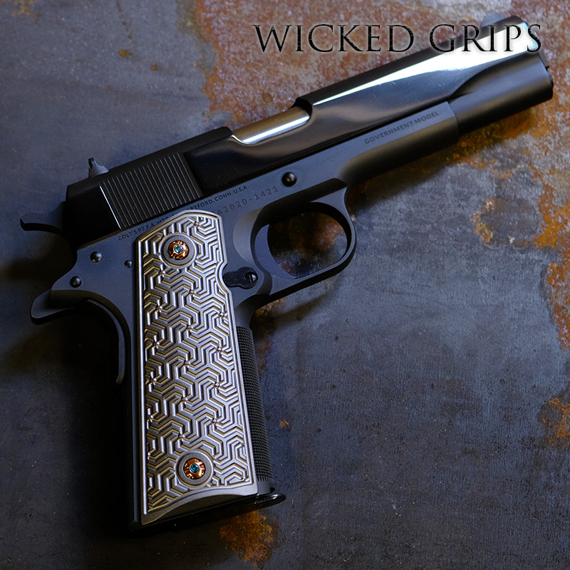 CUSTOM 1911 PISTOL GRIPS GUNMETAL PVD VORTEX WEAVE