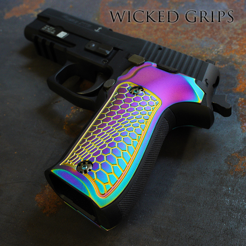 CUSTOM SIG SAUER P226 PISTOL GRIPS RAINBOW PVD HEXWAVE