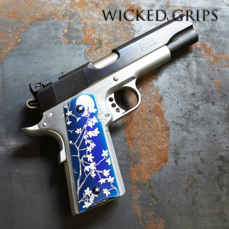 CUSTOM 1911 GRIPS BLUE PVD CHERRY BLOSSOM