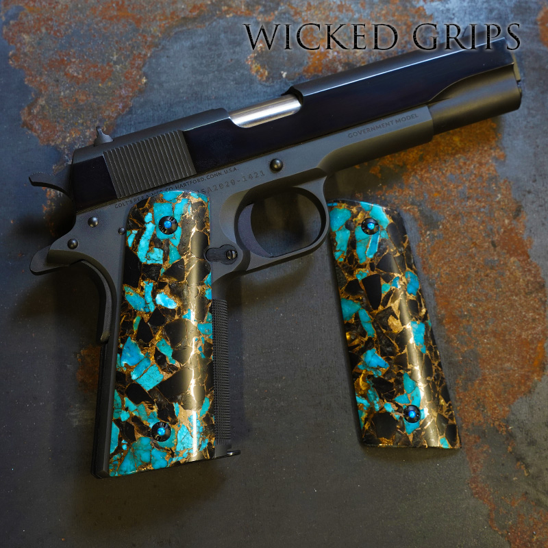 CUSTOM 1911 GRIPS OBSIDIAN TURQUOISE AND BRONZE FUSION