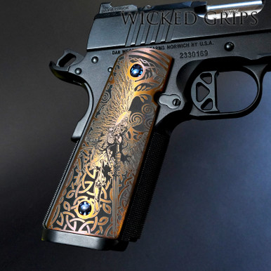 1911タイプ対応 グリップ装飾パーツ 花魁×天狗モチーフ ステンレス彫刻 1911_ti_golden_bronze_1911_val