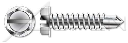 #10 X 3/4" Self-Drilling Screws, Hex Slotted Indented Washer Head, Stainless Steel