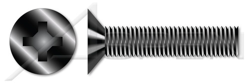 #10-32 X 1" Machine Screws, Flat Phillips Drive, 100 Degree Countersink, Full Thread, 18-8 Stainless Steel, Black Oxide