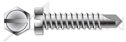 #10 X 1-1/4" Self-Drilling Screws, Hex Slotted Indented Washer Head, 410 Stainless Steel