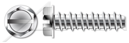 #10 X 3/4" Hi-Lo Self-Tapping Sheet Metal Screws, Hex Slotted Indented Washer Head, Full Thread, Stainless Steel