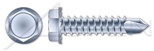 1/4"-14 X 1-1/2" Self-Drilling Screws, Hex Indented Washer Head, Locking Serrations, A/F=7/16", Steel, Zinc Plated and Baked