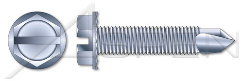 1/4"-20 X 1-1/4" Self-Drilling Screws, Hex Slotted Indented Washer Head, Locking Serrations, A/F=7/16", Machine Screw Threading, Steel, Zinc Plated