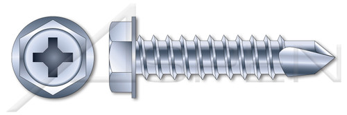#14 X 1-1/2" Self-Drilling Screws, Hex Indented Washer Phillips Drive, Steel, Zinc Plated