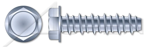 #10 X 1" Hi-Lo Self-Tapping Sheet Metal Screws, Hex Indented Washer Head, Full Thread, Steel, Zinc Plated