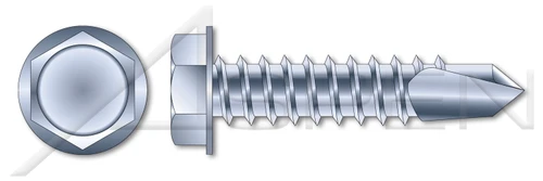 #12-14 X 7/8" Self-Drilling Screws, Hex Indented Washer Head, #4 Self-Drilling Point, Steel, Zinc Plated and Baked