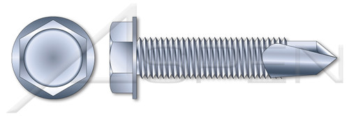 1/4"-20 X 2" Self-Drilling Screws, Hex Indented Washer Head, #4 Self-Drilling Point, Machine Screw Threading, Steel, Zinc Plated and Baked