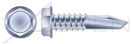 #12-14 X 1" Self-Drilling Screws, Hex Indented Washer Head, #5 Self-Drilling Point, Steel, Zinc Plated