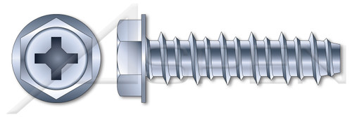 #10 X 3/4" Hi-Lo Self-Tapping Sheet Metal Screws, Hex Indented Washer Phillips Drive, Full Thread, Steel, Zinc Plated