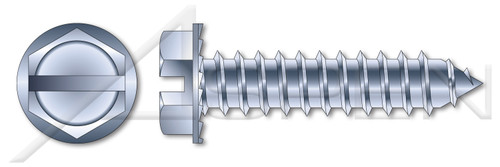 #12 X 1" Self-Tapping Sheet Metal Screws, Type "AB", Hex Indented Washer, Slotted, Serrated, Steel, Zinc Plated