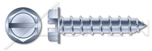 #14 X 3-1/2" Self-Tapping Sheet Metal Screws, Type "A", Hex Indented Washer, Slotted, Steel, Zinc Plated
