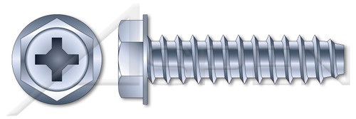 #6 X 3/8" Self-Tapping Sheet Metal Screws, Type "B", Hex Indented Washer Phillips Drive, Steel, Zinc Plated