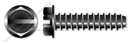 #10 X 3/8" Self-Tapping Sheet Metal Screws, Type "B", Hex Indented Washer, Slotted, Steel, Black Oxide