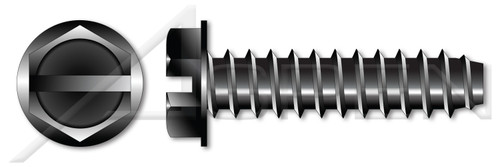 #4-24 X 1/4" Self-Tapping Sheet Metal Screws, Type "B", Hex Indented Washer, Slotted, Steel, Black Oxide