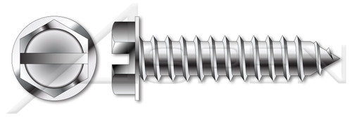 #12 X 3" Self-Tapping Sheet Metal Screws, Type "AB", Hex Slotted Indented Washer Head, Stainless Steel