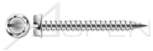 #6-18 X 3/4" Self-Piercing Screws, Hex Slotted Indented Washer Head, Needle Point, A/F=1/4", Stainless Steel