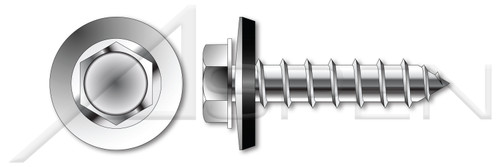 #14 X 1-1/2" Self-Tapping Sheet Metal Screws, Type "A", Hex Indented Washer Head with Sealing Washer, 316 Stainless Steel