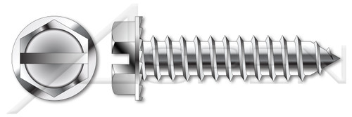 1/4" X 1-1/4" Self-Tapping Sheet Metal Screws, Type "AB", Hex Slotted Indented Washer Head, Locking Serrations, Stainless Steel