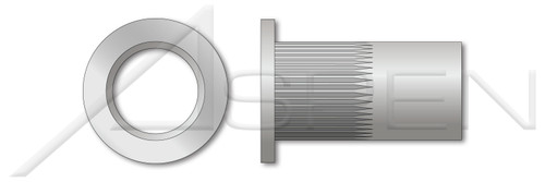 1/4"-28, Grip=0.027"-0.165" Blind Threaded Inserts, Small Flange, Small Head, Open End, Thin Wall, Ribbed, Aluminum