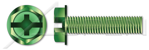#8-32 X 1/4" Machine Screws, Grounding Screws, Hex Indented Washer Phillips/Slot Combo Drive, Full Thread, Steel, Green Zinc